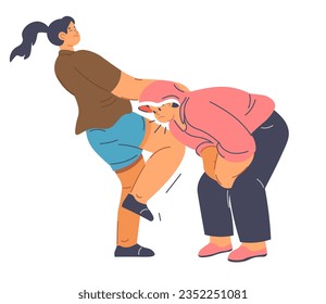 Fighting female character on self defense classes and lessons. Isolated personage using tactics and strategies to defeat enemy or bad guy. Learning how to protect oneself. Vector in flat style