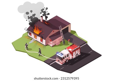 Fighting fire on country house isolated on white background. Concept of firefighter extinguishes burning building. Flame and black smoke from roof of house. Red fire truck brigade. Vector illustration