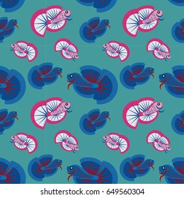 Fighting fish Vector Seamless pattern on colors paper background.