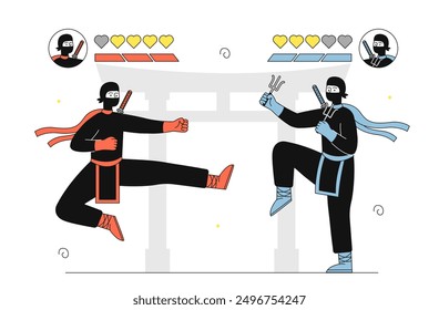 Concepto de juego de lucha. Dos ninjas se pelean entre sí. Video Escena de arcade y juego. Los combatientes practican karate, arte marcial. Ilustración vectorial lineal aislada sobre fondo blanco