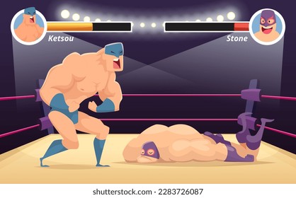 Fighting game. muscle strong fighters on the ring battle place arena for video game with UI templates. vector cartoon pictures