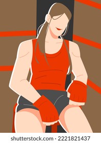 fighting girl is sitting resting on the side of the ring. boxer concept, fight, woman, sport, training, etc. flat vector illustration