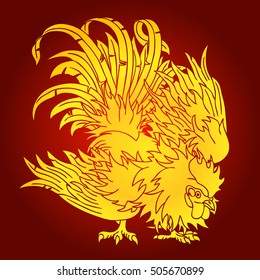 Fighting gold rooster on red background. Fiery red cock symbol of the Chinese new year 2017. Vector illustration.