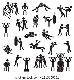 Fighting icon set. Boxing, mixed martial arts, wrestling and others. Vector.