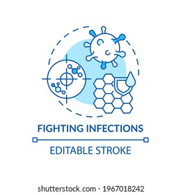 Icono de concepto de lucha contra las infecciones. Ilustración de línea delgada de la idea de función hepática. Limpieza del cuerpo de sustancias nocivas. Fuerza del sistema inmune. Dibujo de color RGB con contorno aislado del vector. Trazo editable