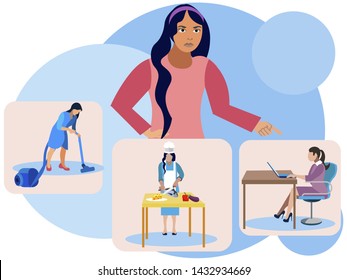 Fighting laziness. The girl points, shouts to herself to work, clean and cook food. In minimalist style. Cartoon flat vector illustration