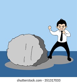 fighting with lazy monster and win it, funny cartoon character office man, hand drawn vector illustration design