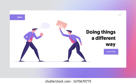 Fighting for Leadership Landing Page Template Angry Businessmen Having Quarrel, Preparing to Fight Waving Fists and Arguing. Business Characters Disagreement and Battle. Cartoon Vector Illustration