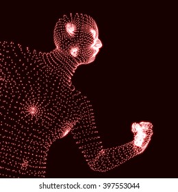 Fighting Man. 3D Model of Man. Human Body Model. Body Scanning. View of Human Body. Vector Graphics Composed of Particles.