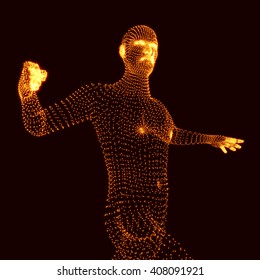 Fighting Man. 3D Model of Man. Human Body Model. Vector Graphics Composed of Particles.