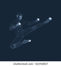 Fighting Man. 3D Model of Man. Human Body Model. Body Scanning. View of Human Body. Vector Graphics Composed of Particles.