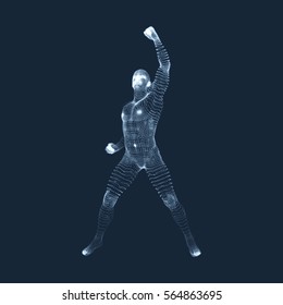 Fighting Man. 3D Model of Man. Human Body Model. Body Scanning. View of Human Body. Vector Graphics Composed of Particles.