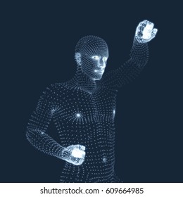 Fighting Man. 3D Model of Man. Human Body Model. Body Scanning. View of Human Body. Vector Graphics Composed of Particles.