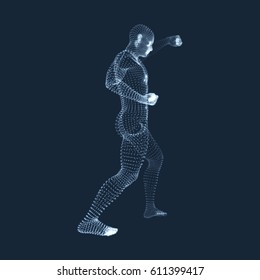 Fighting Man. 3D Model of Man. Human Body Model. Body Scanning. View of Human Body. Vector Graphics Composed of Particles.