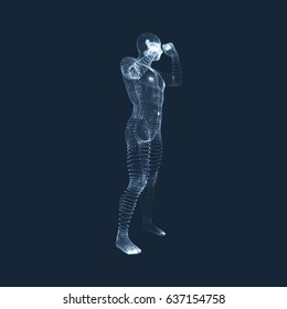 Fighting Man. 3D Model of Man. Human Body Model. Body Scanning. View of Human Body. Vector Graphics Composed of Particles.