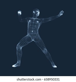 Fighting Man. 3D Model of Man. Human Body Model. Body Scanning. View of Human Body. Vector Graphics Composed of Particles.