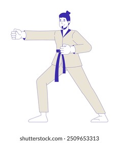 Kämpfender Kampfkünstler Kimono Mann 2D Cartoon Charakter. Kaukasischer Typ in Taekwondo-Haltung. Herr Sensei. Karate Lehrer einzelne Person flache Vektor auf weißem Hintergrund. Spot Illustration bunt