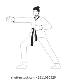 Kampfkünstler Kimono Mann schwarz-weiß 2D Linie Charakter. Kaukasischer Typ in Taekwondo-Haltung. Herr Sensei. Karate Lehrer einzelne Vektorgrafik Person. monochromatische Punktdarstellung