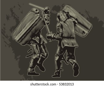 Peleando con caballeros medievales. Ilustración vectorial.