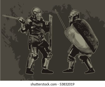 Fighting medieval knights. Vector illustration.