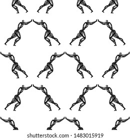 Fighting men seamless vector pattern. Line art. White background.