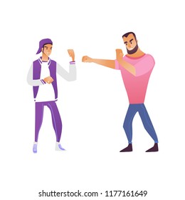 Fighting men vector illustration - young male characters clasping their hands in fists and boxing in cartoon style isolated on white background for struggle and disagreement concept.