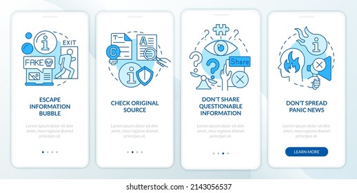 Fighting misinformation blue onboarding mobile app screen. Walkthrough 4 steps graphic instructions pages with linear concepts. UI, UX, GUI template. Myriad Pro-Bold, Regular fonts used