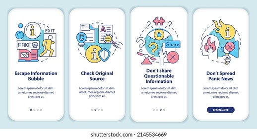 Fighting misinformation onboarding mobile app screen. Walkthrough 4 steps graphic instructions pages with linear concepts. UI, UX, GUI template. Myriad Pro-Bold, Regular fonts used