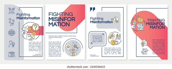 Fighting misinformation red and grey brochure template. Information warfare. Leaflet design with linear icons. 4 vector layouts for presentation, annual reports. Questrial, Lato-Regular fonts used