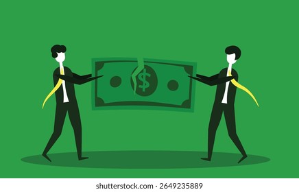 fighting for money. two workers fighting for money. torn banknotes. greedy workers. minimalist character vector design about business