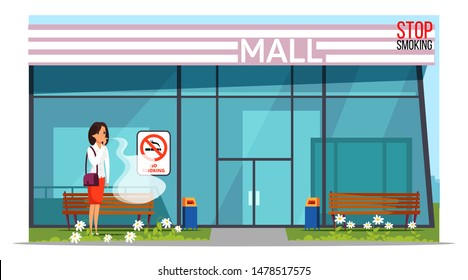 Fighting nicotine addiction banner template. Young woman smoking cigarette in forbidden place near shopping mall cartoon character. Female smoker violating smoking rules in public places