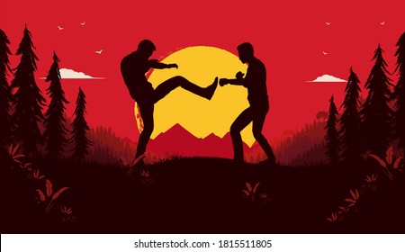 Fighting Outside - Two People Fight In Dramatic Landscape With Blood Red Sky, Big Yellow Sun And Forest. Movie Fight Scene, Action And Brawl Concept. Vector Illustration.