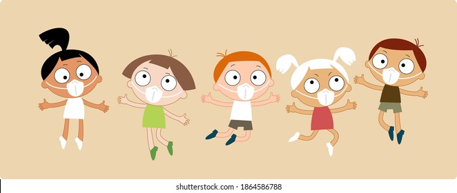 Fighting the pandemic. A group of child in medical masks. Protection against disease, air pollution, flu. Vector illustration in flat style
