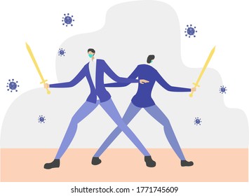 Fighting the pandemic vector concept: business partner fighting coronavirus with sword back to back