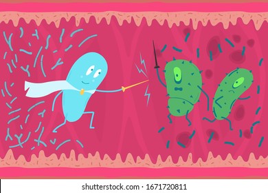 Fighting probiotics with pathogenic bacteria against the background of the intestine. Vector illustration.