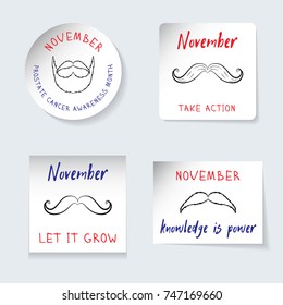 Fighting Prostate Cancer theme. The November event. Men grow a mustache. Set of stickers, banners of different shapes. Reminding inscriptions, symbols, beard in hand drawing style. Vector illustration