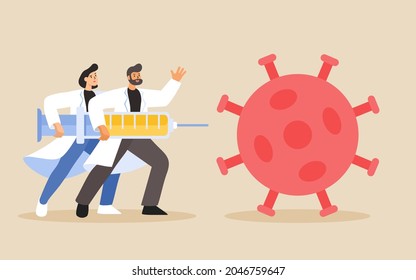 Fighting and protecting against the COVID-19 coronavirus outbreak, doctors hold a syringe with a vaccine to protect against the virus pathogens in the pandemic. Vector flat illustration. 