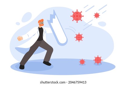 Fighting and protecting against the outbreak of the coronavirus COVID-19, the doctor holds a protective shield to protect against the pathogens of the virus in the epidemic. Vector flat illustration. 