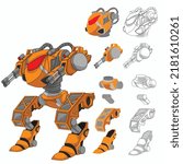Fighting robot in hangar with separate body components isolated on white background suitable for game design and animation
