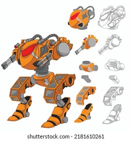 Robot de combate en hangar con componentes de cuerpo separados aislados en fondo blanco adecuado para el diseño y la animación de juegos