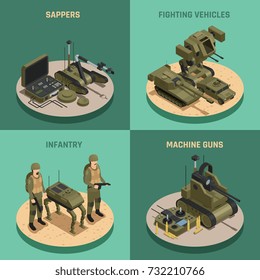 Fighting robots 2x2 design concept set of  infantry sappers fighting vehicles and machine guns square compositions isometric vector illustration