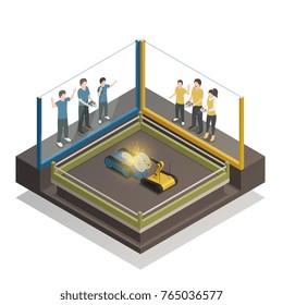 Fighting robots exhibition design concept with teens controlling remotely for two iron monsters isometric vector illustration 