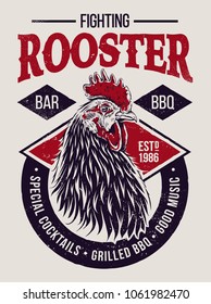 Fighting Rooster Design. Retro styled design template with engraving cock art. Vintage print design. Colored version.