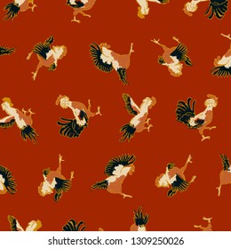 Fighting roosters on red background pattern. Gamecock seamless pattern