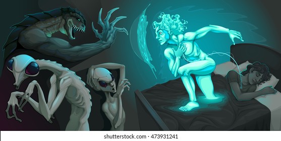 Fighting scene between my astral body and aliens. Vector illustration