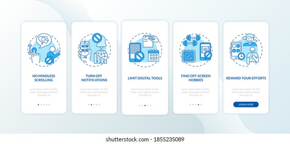 Fighting screen addiction onboarding mobile app page screen with concepts. Muting, reward efforts walkthrough 5 steps graphic instructions. UI vector template with RGB color illustrations