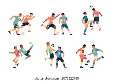 Fighting soccer players. Athletes dynamic poses