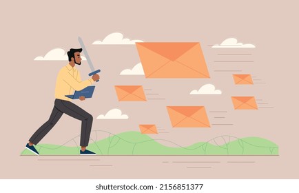 Fighting spam concept. Programmer removes dangerous emails, prevents identity theft and hacking. IT specialist and technical support, internet security and antivirus. Cartoon flat vector illustration
