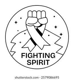 Fighting spirit text with a raised fist holding an orange ribbon, glyph sticker 