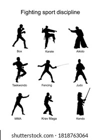 Kampf gegen Sportdisziplin Sammlung Vektorgrafik Silhouette Illustration einzeln auf weißem Hintergrund. Verschiedener Kampfsport. Kämpfe bringen Fähigkeiten hervor. Selbstverteidigungskonzept. Box, Karate, Aikido, Judo...